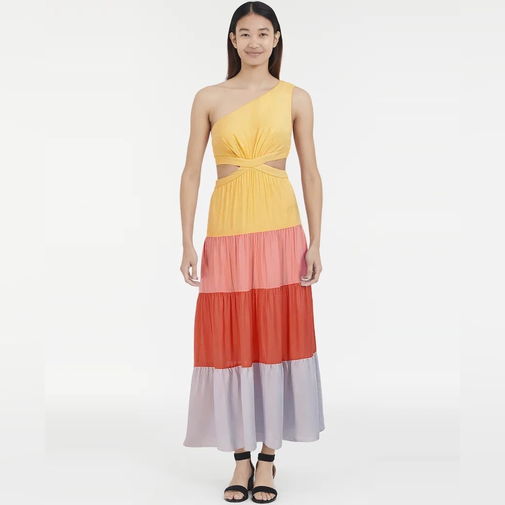 BCBGMAXAZRIA one shoulder cut out center pastel colorblock summer maxi dress